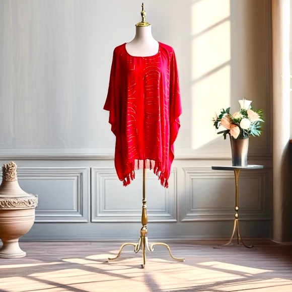 0097/ Bright Red Moon Chase Pattern Poncho - Picture 1 of 10